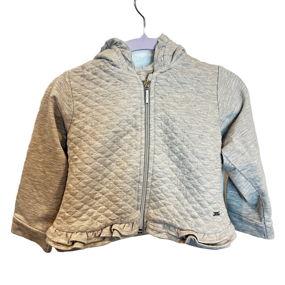 Mayoral Gray Quilted Hooded Girls Jacket with Ruffle Accents